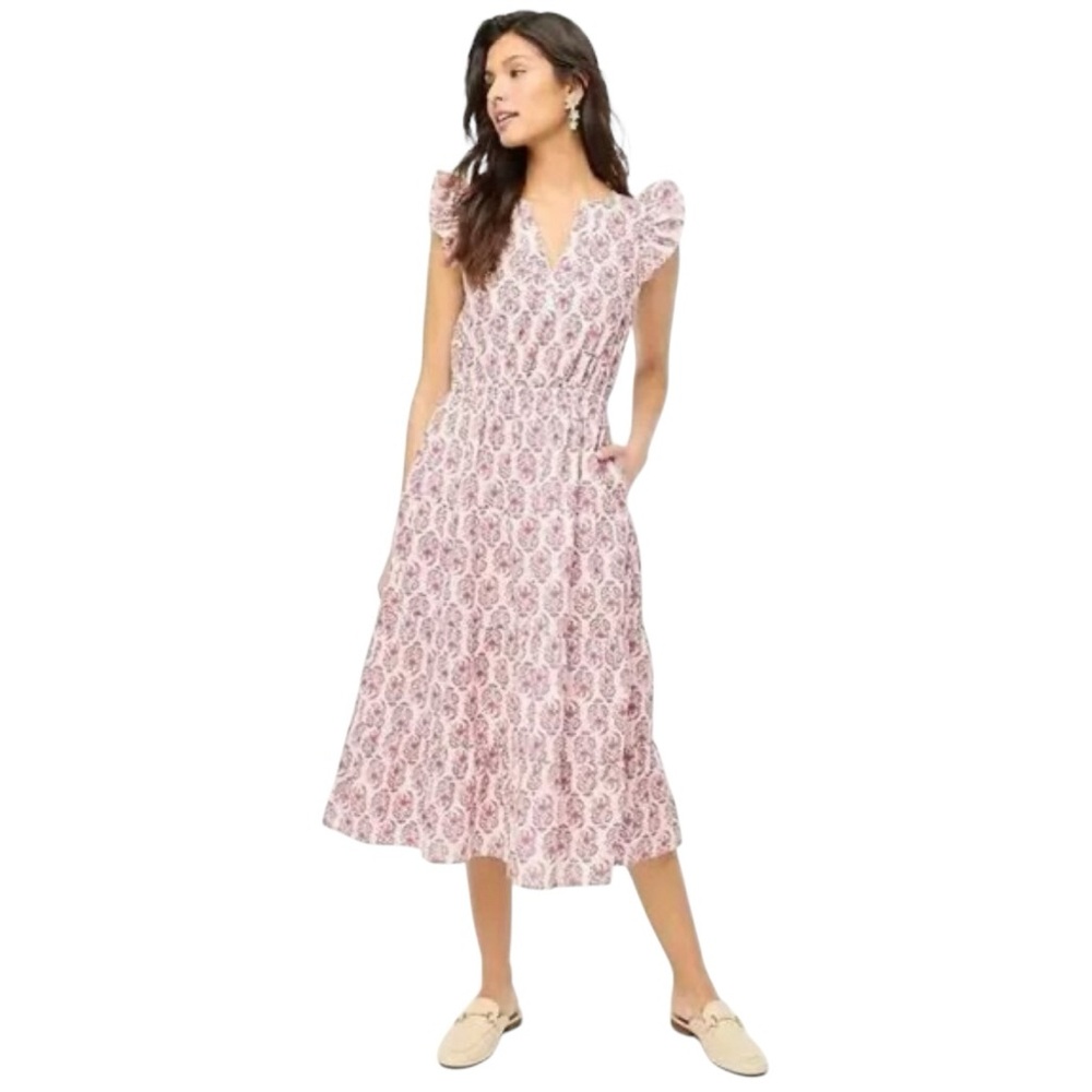 J. Crew 16 Ruffle Sleeve Cotton Midi Dress tiered Pink Floral coquette preppy